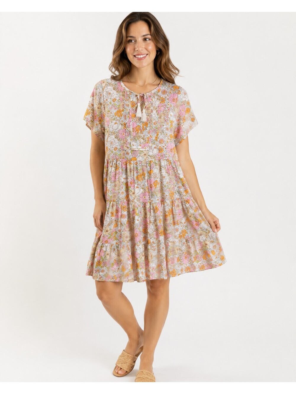 Karlie Retro Floral Tiered Midi Dress Size Unknown Pink Orange Boho